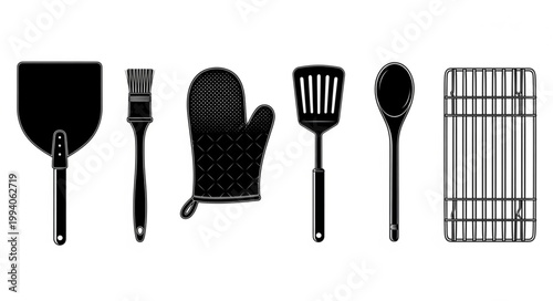 Collection of barbecue grilling tools and accessories silhouette.