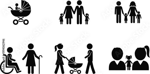 Inclusive family and caregiving silhouette icons showing diverse parents, children, stroller, wheelchair, and lifestyle unity illustration