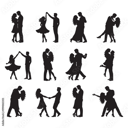 Happy Couple Dancing Silhouettes – Romantic Vector Collection