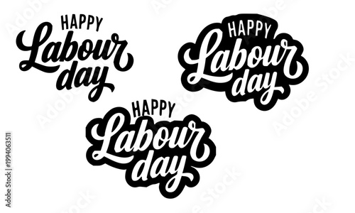 Happy Labour Day text trio in retro bold 3D shadow lettering styles on white background, perfect for Workers Day greetings, social media posts, stickers, posters, and international labor day 