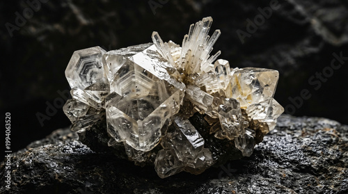 Clear quartz mineral crystal cluster resting on dark wet stone