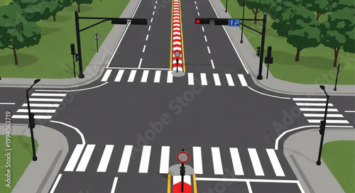 Busy city intersection with traffic lights and crosswalks.