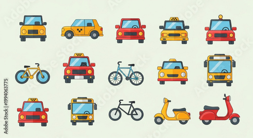 Collection of diverse vehicles including cars taxis bicycles and scooters.