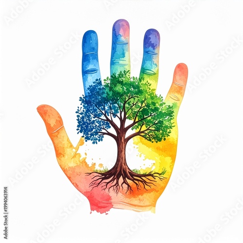 Vibrant Hand With Tree of Life Symbolizing Nature, Growth, and Hope in Rainbow Colors