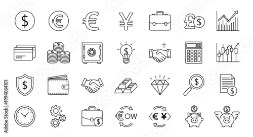 Collection of Financial and Business Icons Hand Drawn Style.