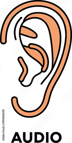 Minimalist graphic illustration of a human ear, symbolizing the sense of hearing, sound, listening, and audio perception