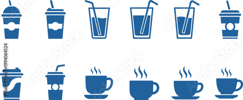 Blue drink and coffee icon set featuring cold beverages with straws and hot cafe mugs for menu restaurant graphics.