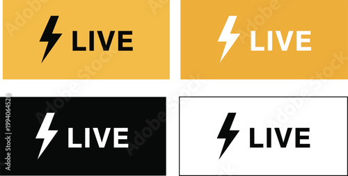 Bold "LIVE" text with lightning bolt symbol on yellow and black backgrounds, indicating active broadcast streams.