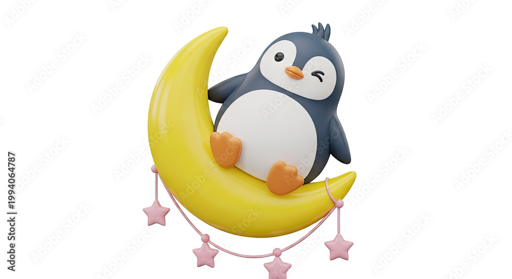 Naklejka premium Cute cartoon penguin sitting on a crescent moon with star garland