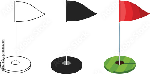 Golf hole flag icon set showing outline silhouette and flat color versions for sports gaming and leisure design.