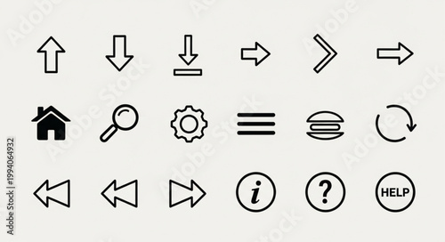 Collection of Outline Icons for User Interface Design.