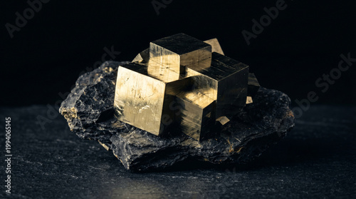 Metallic pyrite cubic crystals on rough dark host rock matrix