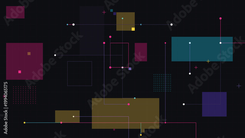 Abstract dark technology background with colorful geometric shapes digital connection lines and data visualization elements