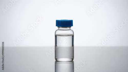 Clear liquid in a small glass vial with a blue cap on a reflective surface