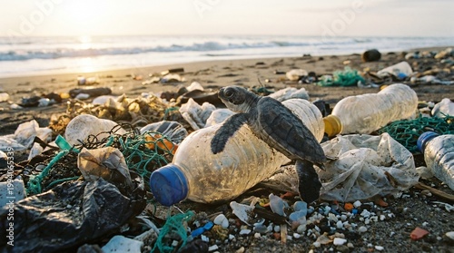 Schilderij op canvas Sea turtle among plastic waste on polluted beach at sunrise