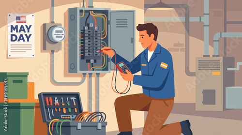Professional Electrician Inspecting Circuit Breaker Box Illustration