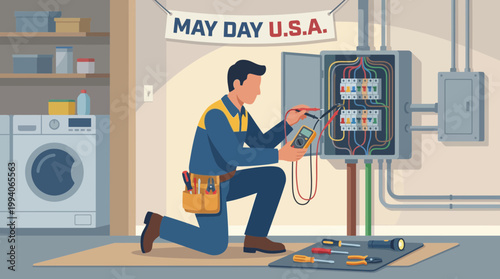 Electrician Repairing Electrical Panel with Multimeter in Home