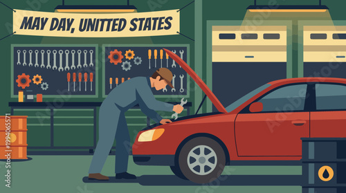 Mechanic Repairing Car in Garage for May Day Illustration