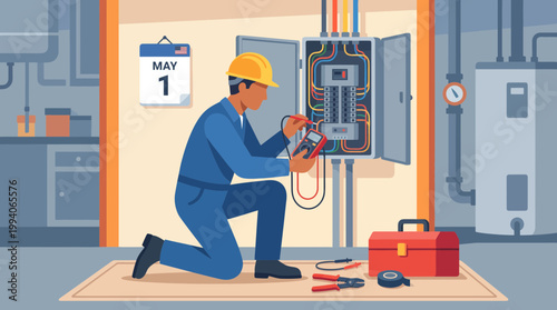 Professional Electrician Inspecting Electrical Panel in Basement