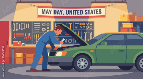 Mechanic Repairing Car in Garage for May Day Celebration