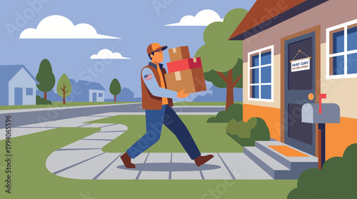 Courier delivering cardboard boxes to front door of suburban home