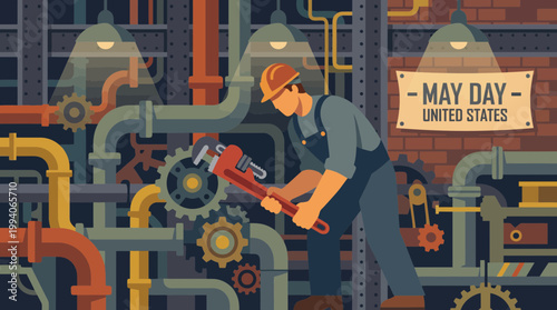 Industrial Worker with Wrench for United States May Day Illustration
