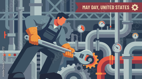 Industrial Worker with Wrench in Factory Flat Vector Illustration