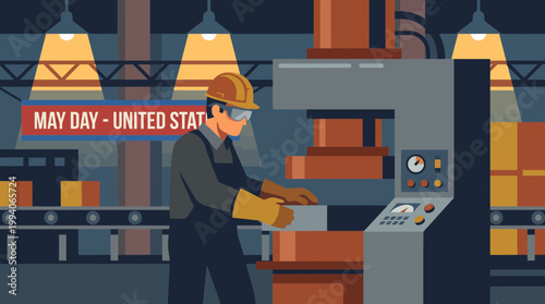 Industrial Worker Operating Machinery for International Workers Day