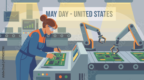 May Day United States illustration with woman worker in factory