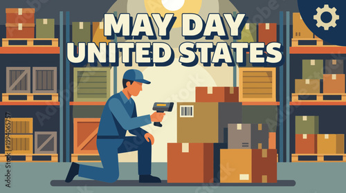 May Day United States warehouse worker scanning packages illustration