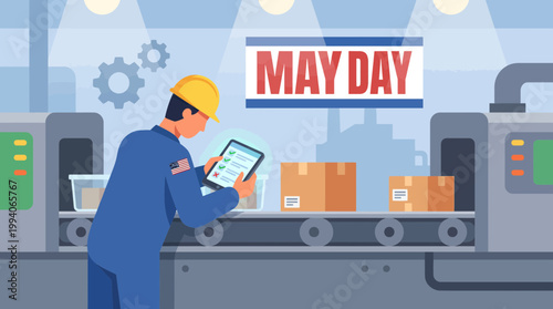 Factory Worker using Tablet on Assembly Line for May Day Concept