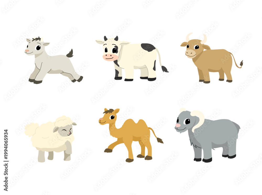 Fototapeta premium A collection of cute qurban animal illustrations including sheep, goats, and cows, designed for Eid al Adha themed decorations. Suitable for greeting cards, social media, festive designs, and Islamic