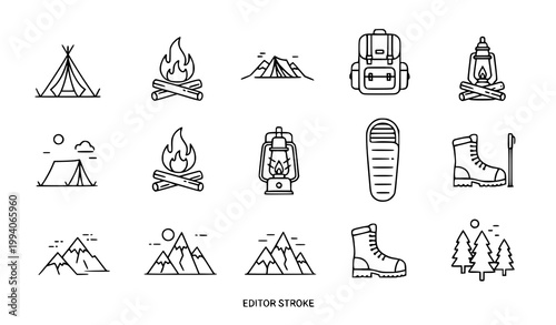 Camping outdoor adventure outline icon set travel vector
