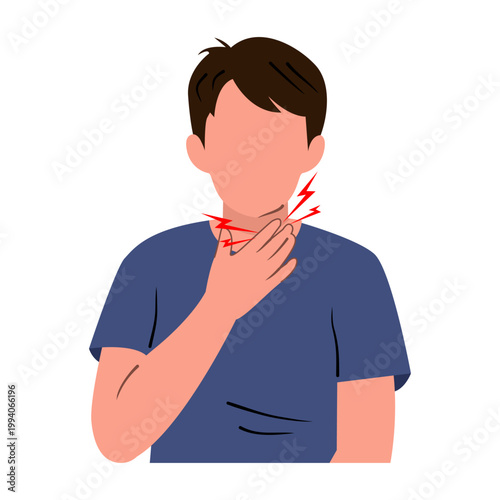 Man suffering sore throat neck pain flat vector illustration