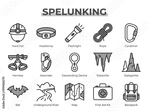 Professional collection of monochromatic charcoal gray line art icons featuring spelunking equipment and cave exploration elements arranged in a clean grid