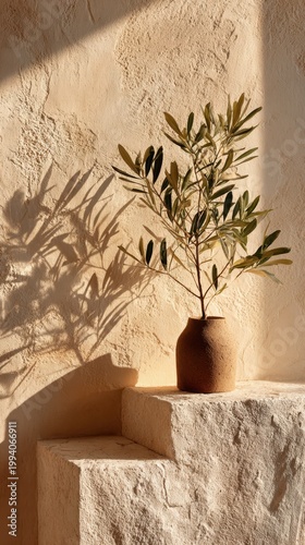 Minimalist Olive Branch in Clay Pot against Textured Wall Surface
