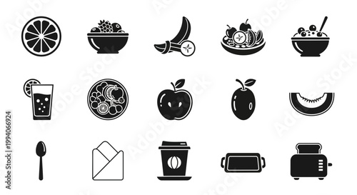 Black and white icons depicting various fruits beverages and kitchenware