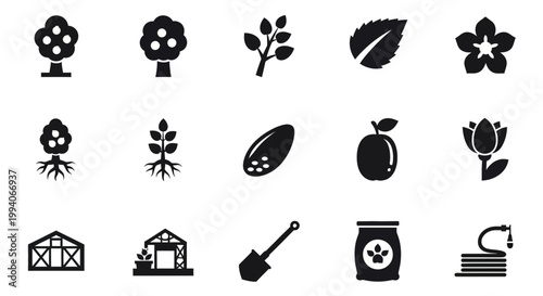 Black and white icons depicting various gardening and plantrelated objects