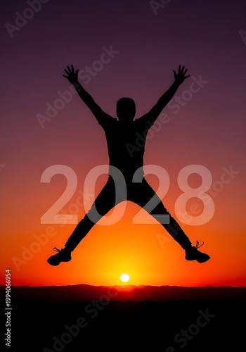 Person jumping for joy silhouetted against a vibrant sunset with the year 2028 prominently displayed in the foreground.