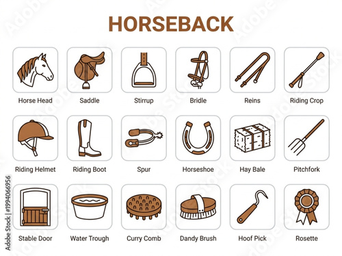 Professional collection of brown and black line art icons featuring equestrian equipment and horseback riding essentials arranged in a clean grid