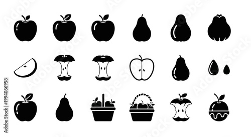 Black and white icons of various apples pears seeds and fruit preparations