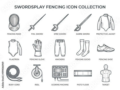 Comprehensive collection of grey and black line art fencing icons showcasing professional competitive equipment and swordsplay essentials on a white background