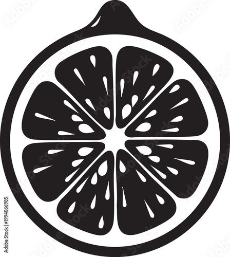 Black and white citrus fruit slice vector, lemon or orange icon, fruit cut section illustration, monochrome food symbol