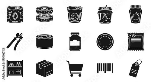 Black silhouette icons of canned goods jars tools packaging and retail elements