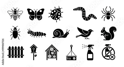 Black silhouette icons of garden animals insects structures and pest control tools