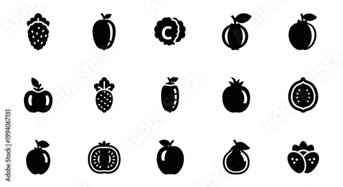 Black silhouette icons of various fruits arranged in three rows of five