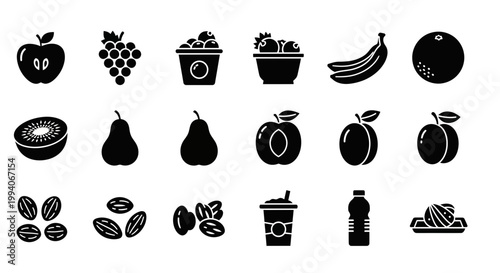 Black silhouette icons of various fruits dried fruits and beverages arranged in three rows