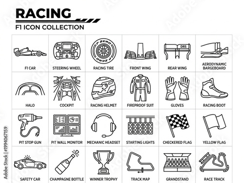 Comprehensive collection of black and white line art racing icons featuring professional motorsport equipment and track essentials on a white background