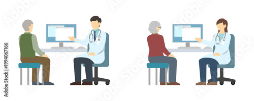 フラットイラスト：問診する医者とシニア患者セット