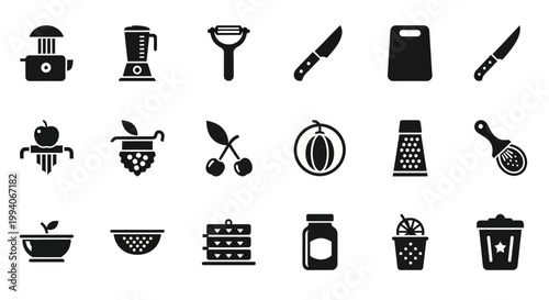 Black silhouette icons related to fruit preparation processing and storage tools